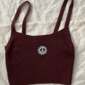 La Hearts Maroon Ribbed Crop Top with Peace Emblem
